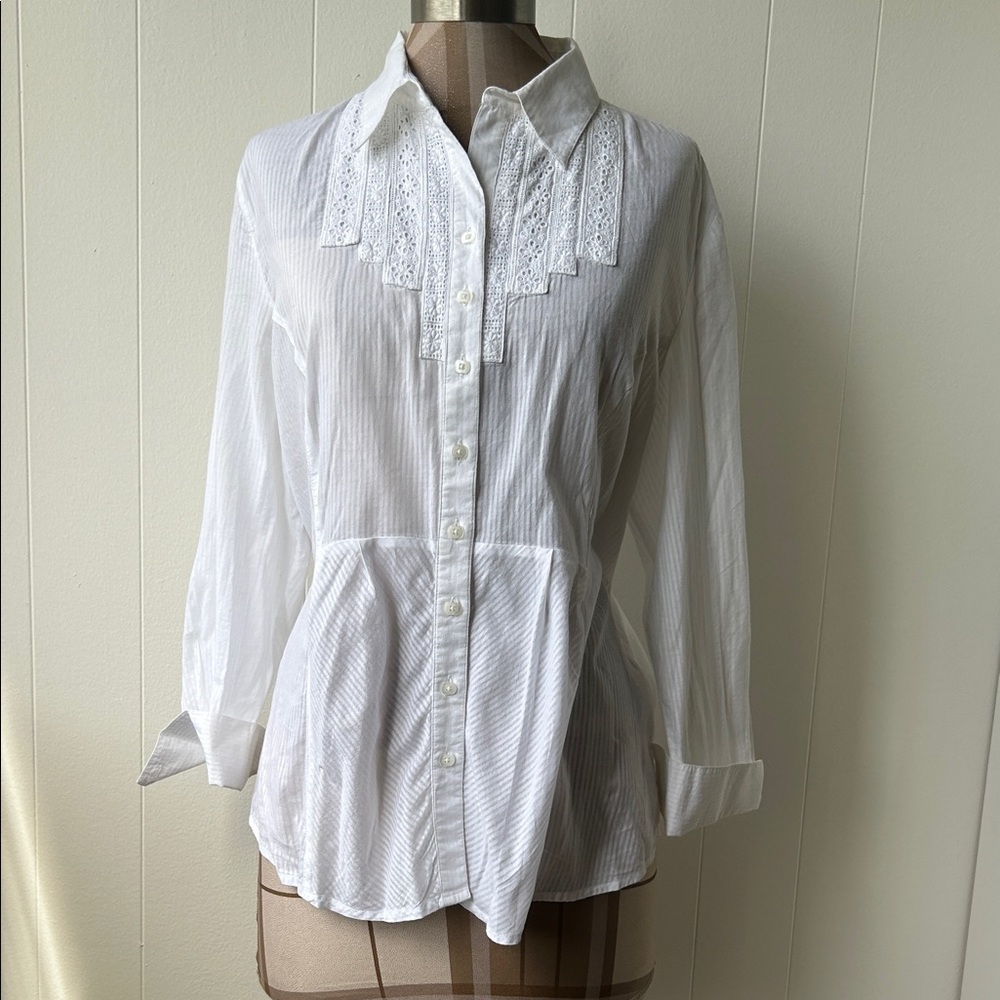 Coldwater Creek White Button Down Shirt with Eyelet Lace Detail PXL